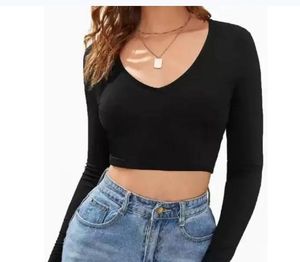 Women's Black V Neck Crop TopLong Sleeve