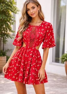 Red Floral Crochet Cut-Out Mini Romper Dress