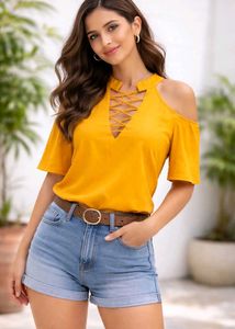 Mustard Yellow Lace-Up Cold Shoulder Top