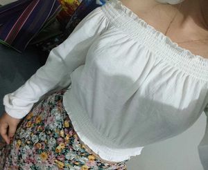 Off-Shoulder Smocked White Crop Top
