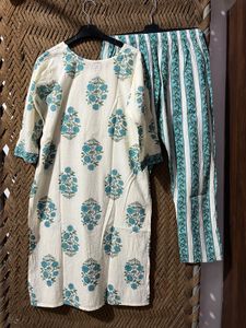 Elegant Cream &amp; Sky Blue Floral Kurta Set