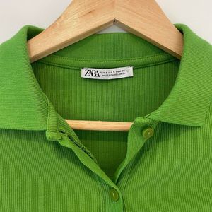 Zara Green Ruched Button-Up Top