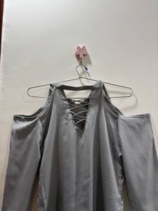 Grey Cold Shoulder Lace-Up Top