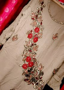 Khaki Hand Embroidery Kurti With Beige Sharara