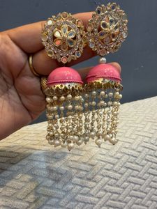 Pink Jhumka Earrings with Pearls