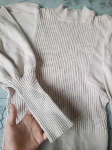 Ribbed Mock Neck Puff Sleeve Sweater