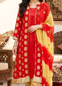 Red & Gold Polka Dot Kurta Set with Dupatta