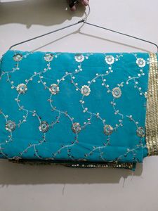 NEW SEA GREEN SEQUINS SAREE WITH BLOUSE PIECE