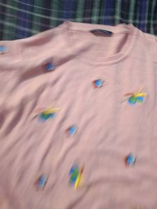 Pink Embroidered Short Sleeve Sweater