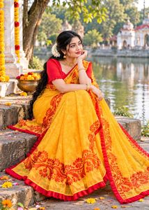 Vibrant Yellow Saree with Red Border