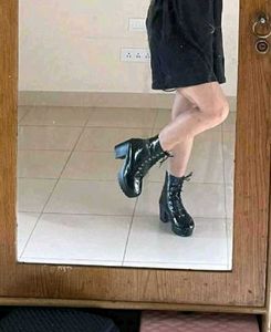 Glossy Black Platform  Heel Ankle Boots