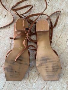 Strappy Lace-Up Tan Flat Sandals