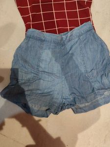 Red Plaid Crop Top with Denim Shorts Set