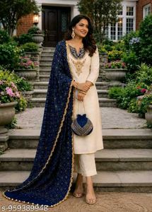 Embroidered White Kurta with Blue Dupatta Set
