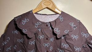 Cute Bow Print Button-Up Top