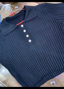 Navy Blue Ribbed Polo Neck Top