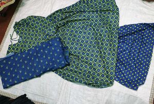 Elegant Green &amp; Blue Printed Kurta Set with Dupatt