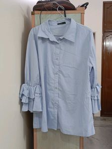 Light Blue Ruffle Sleeve Shirt