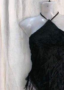 Black Halter Neck Fringe Top