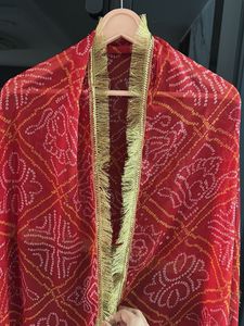 Red Bandhani Dupatta with Gold Border