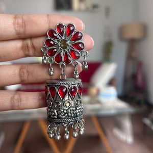 Red &amp; Silver Jhumka Earrings