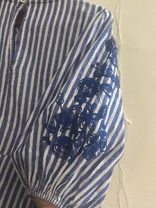 Striped Peplum Top with Embroidery