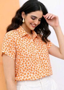 Chic Orange Floral Print Button-Up Top