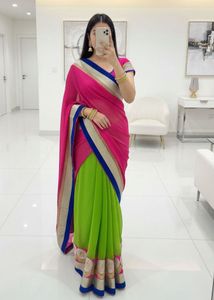 Pink & Green Saree With Bluse And Petticoat