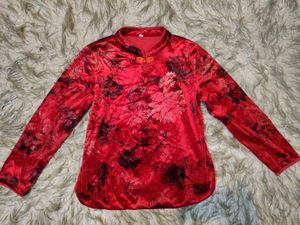Red Chinese Floral Embroidered Velvet Qipao
