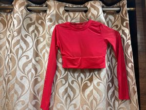 Red Mesh Long Sleeve Crop Top