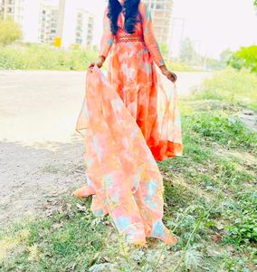 Orange Tie-Dye Anarkali Gown
