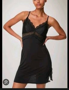 Lace Trim Black Slip nighty with thong