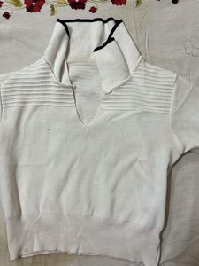 White Knit Top with Collar