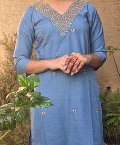 Blue Kurta Set with Embellished Neckline