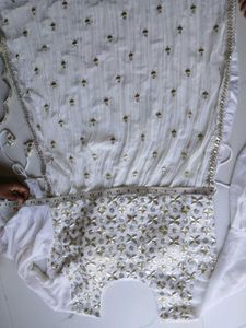 Elegant White Embroidered  nira cut Set