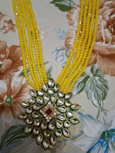 Yellow Beaded Necklace Set with Earrings