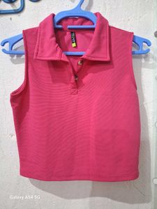 Tokyo Talkies Women Pink Sleeveless Polo Collar Cr