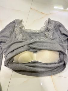 🌟Grey ribbed long-sleeve crop top