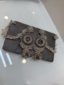 Oxidized Jhumka Earrings with Chain