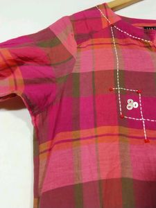 Terquois Multicolour Checks Printed Collar Neck Umbrella Kurti (Women)