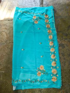 Aqua Blue Embroidered Saree