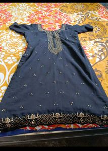 embroidery Black Kurta with White zip Pants Set