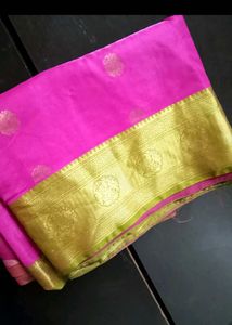 Vibrant Pink Silk Saree with Gold Border