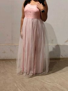 Elegant Pink Lace & Tulle Maxi Dress