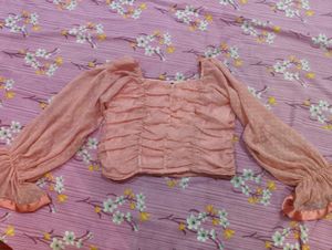Peach-Pink Swiss Dot Ruched Crop Top