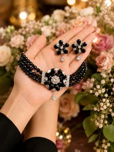 Trendy Black Crystal Beaded Choker Necklace Set