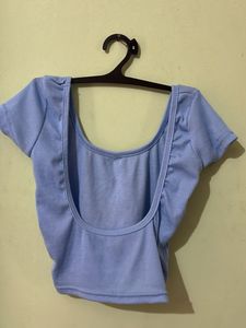 Blue Ribbed Scoop Neck Crop Top