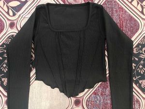 Chic Black Ribbed Square Neck Top