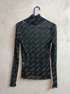 Sheer Turtleneck Top with All-Over Logo Print