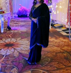 Navy blue Velvet Saree with blouse